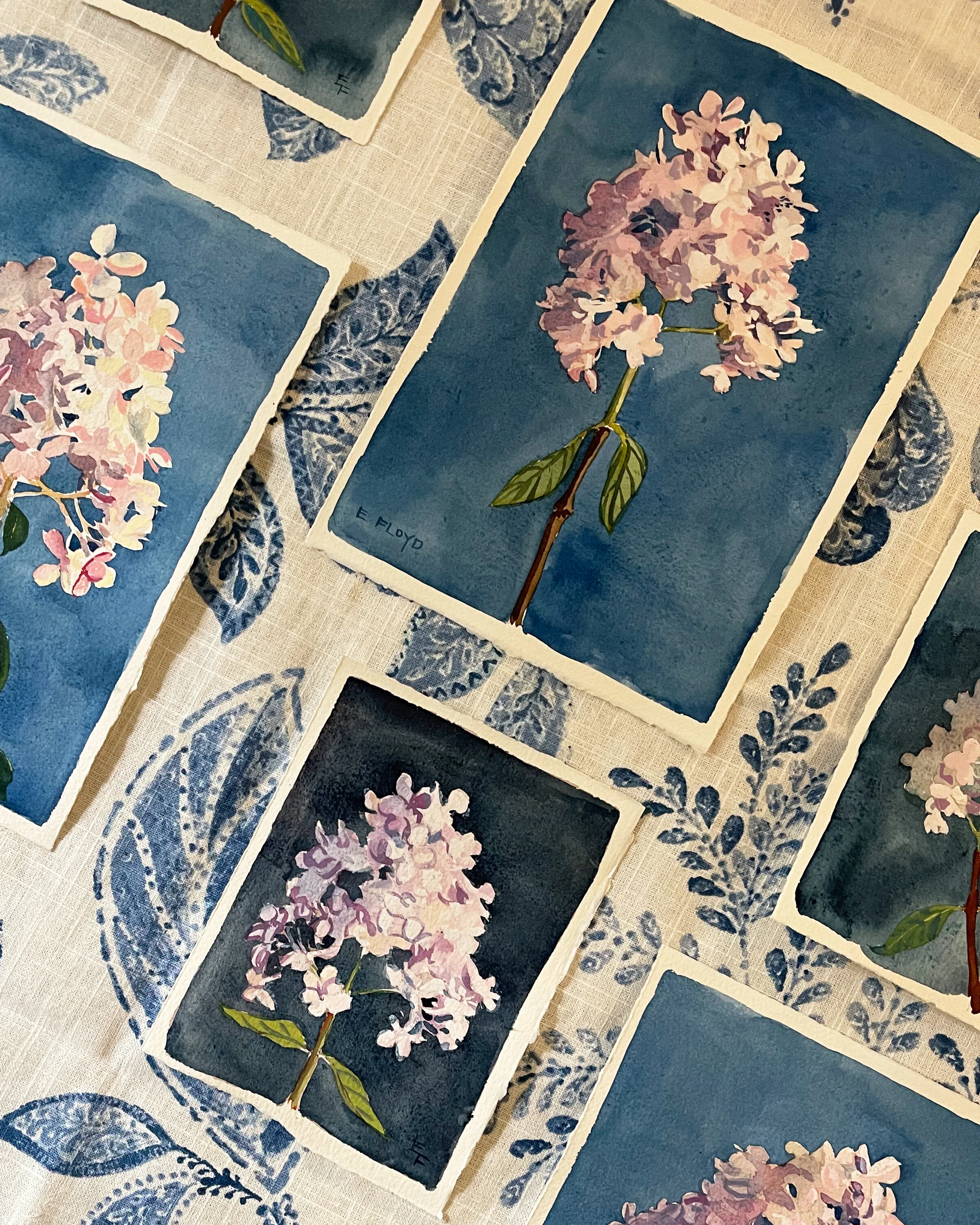 南澤りえ作 『バイオレットローズの夕べ』 SM／oil on glass Hydrangea No. 5, watercolor and gouache, 11 x 7.5, unframed